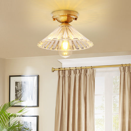 1 Bulb Cone Semi Flush Light Traditionary Ribbed Glass Ceiling Mounted Fixture in Brass for Bedroom Brass Clearhalo 'Ceiling Lights' 'Close To Ceiling Lights' 'Close to ceiling' 'Glass shade' 'Glass' 'Semi-flushmount' Lighting' 237497