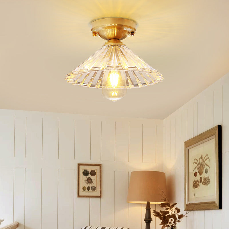 1 Bulb Cone Semi Flush Light Traditionary Ribbed Glass Ceiling Mounted Fixture in Brass for Bedroom Clearhalo 'Ceiling Lights' 'Close To Ceiling Lights' 'Close to ceiling' 'Glass shade' 'Glass' 'Semi-flushmount' Lighting' 237498