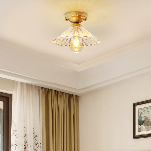 1 Bulb Cone Semi Flush Light Traditionary Ribbed Glass Ceiling Mounted Fixture in Brass for Bedroom Clearhalo 'Ceiling Lights' 'Close To Ceiling Lights' 'Close to ceiling' 'Glass shade' 'Glass' 'Semi-flushmount' Lighting' 237499