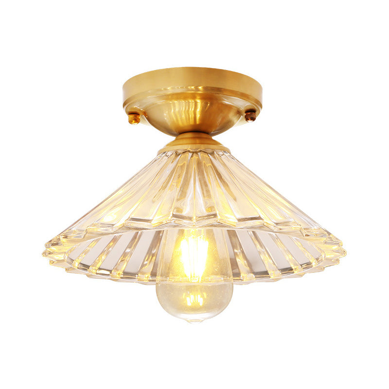 1 Bulb Cone Semi Flush Light Traditionary Ribbed Glass Ceiling Mounted Fixture in Brass for Bedroom Clearhalo 'Ceiling Lights' 'Close To Ceiling Lights' 'Close to ceiling' 'Glass shade' 'Glass' 'Semi-flushmount' Lighting' 237500