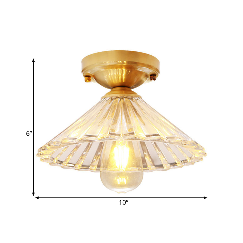 1 Bulb Cone Semi Flush Light Traditionary Ribbed Glass Ceiling Mounted Fixture in Brass for Bedroom Clearhalo 'Ceiling Lights' 'Close To Ceiling Lights' 'Close to ceiling' 'Glass shade' 'Glass' 'Semi-flushmount' Lighting' 237501