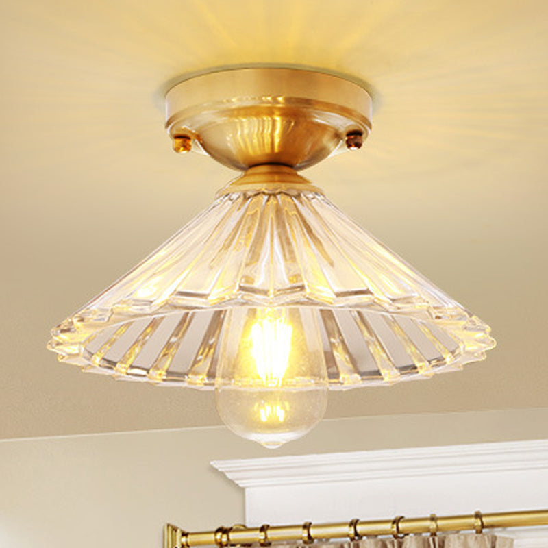 1 Bulb Cone Semi Flush Light Traditionary Ribbed Glass Ceiling Mounted Fixture in Brass for Bedroom Clearhalo 'Ceiling Lights' 'Close To Ceiling Lights' 'Close to ceiling' 'Glass shade' 'Glass' 'Semi-flushmount' Lighting' 237504