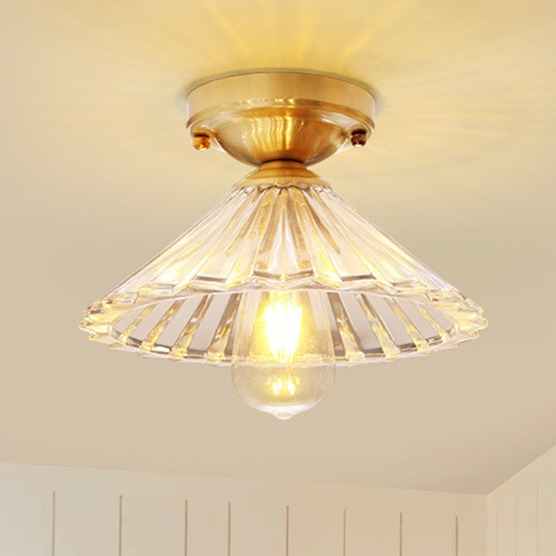 1 Bulb Cone Semi Flush Light Traditionary Ribbed Glass Ceiling Mounted Fixture in Brass for Bedroom Clearhalo 'Ceiling Lights' 'Close To Ceiling Lights' 'Close to ceiling' 'Glass shade' 'Glass' 'Semi-flushmount' Lighting' 237505