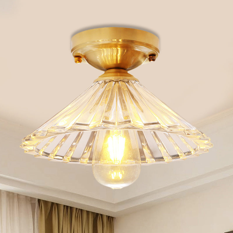 1 Bulb Cone Semi Flush Light Traditionary Ribbed Glass Ceiling Mounted Fixture in Brass for Bedroom Clearhalo 'Ceiling Lights' 'Close To Ceiling Lights' 'Close to ceiling' 'Glass shade' 'Glass' 'Semi-flushmount' Lighting' 237506