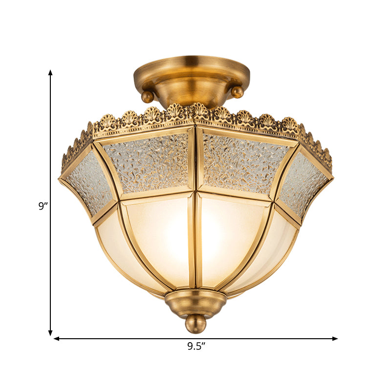 Brass Umbrella Semi Flush Light Traditionary Opal Glass 1 Head Ceiling Mounted Fixture Clearhalo 'Ceiling Lights' 'Close To Ceiling Lights' 'Close to ceiling' 'Glass shade' 'Glass' 'Semi-flushmount' Lighting' 237580