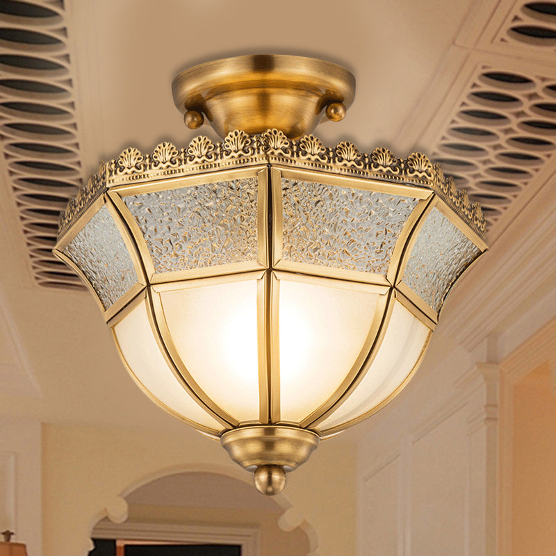 Brass Umbrella Semi Flush Light Traditionary Opal Glass 1 Head Ceiling Mounted Fixture Clearhalo 'Ceiling Lights' 'Close To Ceiling Lights' 'Close to ceiling' 'Glass shade' 'Glass' 'Semi-flushmount' Lighting' 237584