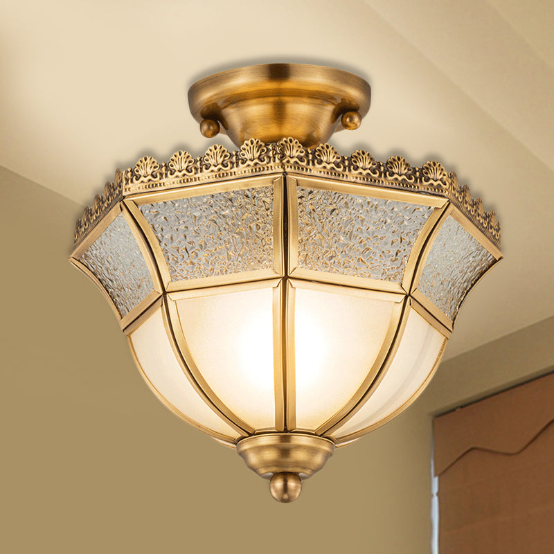 Brass Umbrella Semi Flush Light Traditionary Opal Glass 1 Head Ceiling Mounted Fixture Clearhalo 'Ceiling Lights' 'Close To Ceiling Lights' 'Close to ceiling' 'Glass shade' 'Glass' 'Semi-flushmount' Lighting' 237585