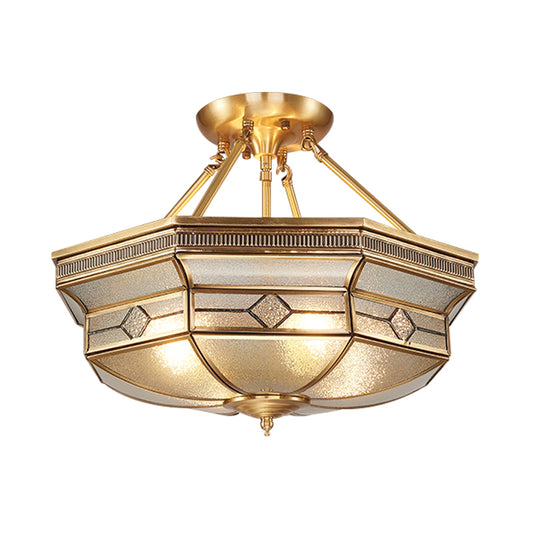 Octagon Semi Flush Ceiling Light Tradition Textured Glass 1 Head Brass Ceiling Mounted Light for Bedroom Clearhalo 'Ceiling Lights' 'Close To Ceiling Lights' 'Close to ceiling' 'Glass shade' 'Glass' 'Semi-flushmount' Lighting' 237602