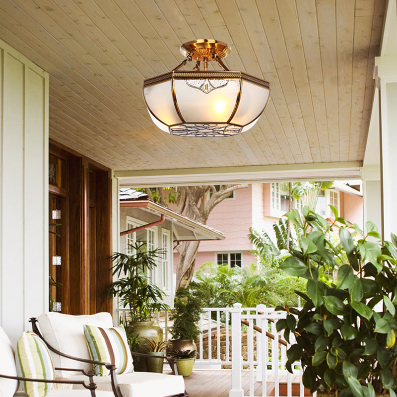 Brass Dome Semi Flush Mount Lamp Traditional Milk Glass 3 Bulbs Ceiling Mounted Light for Living Room Clearhalo 'Ceiling Lights' 'Close To Ceiling Lights' 'Close to ceiling' 'Glass shade' 'Glass' 'Semi-flushmount' Lighting' 237608