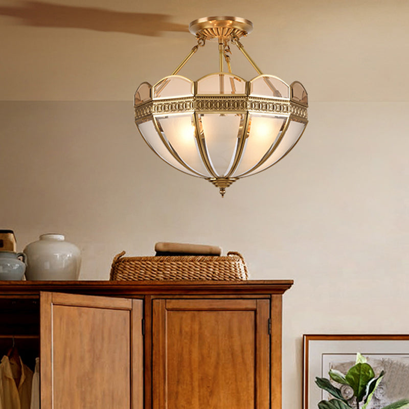 4 Bulbs Umbrella Semi Flush Mount Light Traditional Frosted Glass Ceiling Mounted Fixture in Brass Brass Clearhalo 'Ceiling Lights' 'Close To Ceiling Lights' 'Close to ceiling' 'Glass shade' 'Glass' 'Semi-flushmount' Lighting' 237616