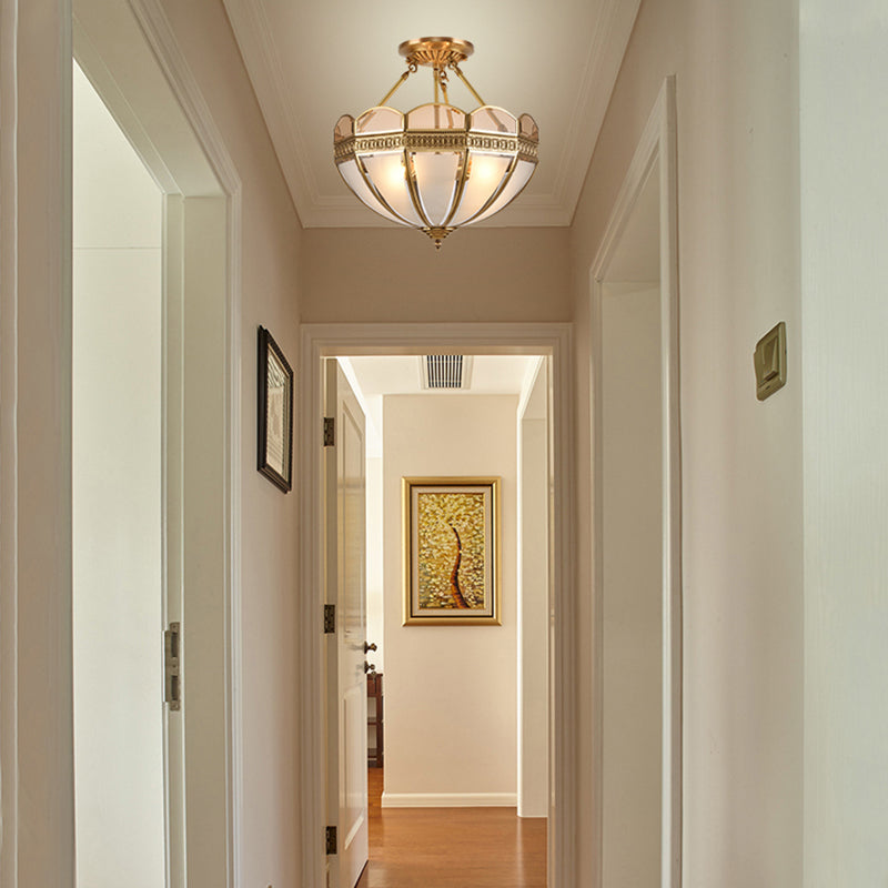 4 Bulbs Umbrella Semi Flush Mount Light Traditional Frosted Glass Ceiling Mounted Fixture in Brass Clearhalo 'Ceiling Lights' 'Close To Ceiling Lights' 'Close to ceiling' 'Glass shade' 'Glass' 'Semi-flushmount' Lighting' 237617