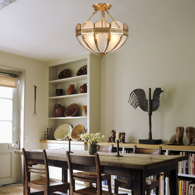 4 Bulbs Umbrella Semi Flush Mount Light Traditional Frosted Glass Ceiling Mounted Fixture in Brass Clearhalo 'Ceiling Lights' 'Close To Ceiling Lights' 'Close to ceiling' 'Glass shade' 'Glass' 'Semi-flushmount' Lighting' 237618
