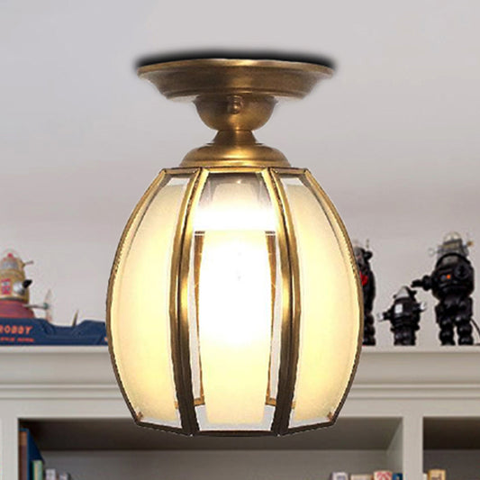 Brass Cup Semi Flush Mount Lamp Traditionary Frosted Glass 1 Bulb Ceiling Mounted Light for Living Room Clearhalo 'Ceiling Lights' 'Close To Ceiling Lights' 'Close to ceiling' 'Glass shade' 'Glass' 'Pendant Lights' 'Semi-flushmount' Lighting' 237675