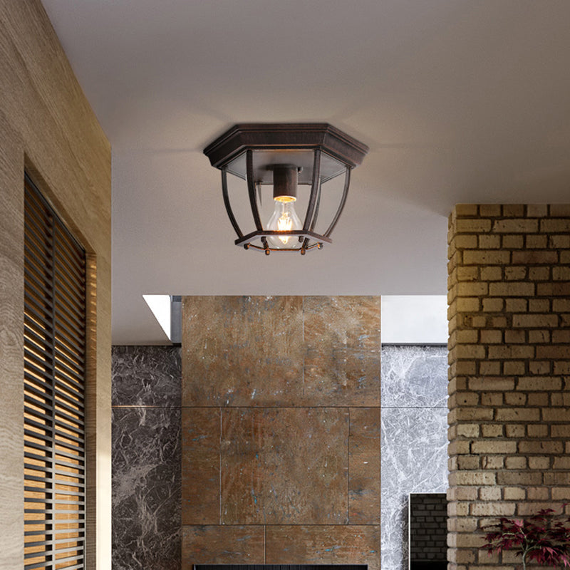 1 Bulb Cage Flush Light Traditionary Clear Glass Ceiling Mounted Fixture in Rust for Balcony Clearhalo 'Ceiling Lights' 'Close To Ceiling Lights' 'Close to ceiling' 'Flush mount' Lighting' 237678