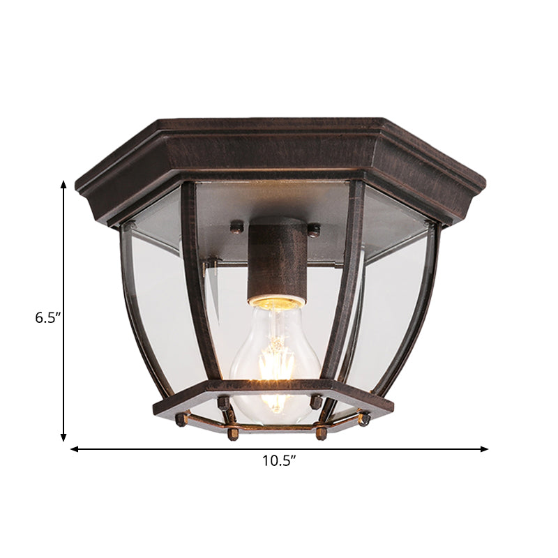 1 Bulb Cage Flush Light Traditionary Clear Glass Ceiling Mounted Fixture in Rust for Balcony Clearhalo 'Ceiling Lights' 'Close To Ceiling Lights' 'Close to ceiling' 'Flush mount' Lighting' 237681