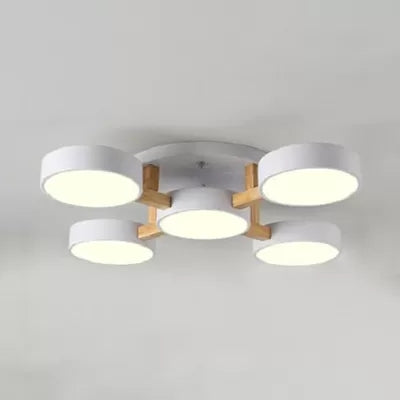 Living Room Drum Ceiling Light Wood Metal 5 Heads Macaron Loft Semi Flush Mount Light Clearhalo 'Ceiling Lights' 'Close To Ceiling Lights' 'Close to ceiling' 'Semi-flushmount' Lighting' 23769