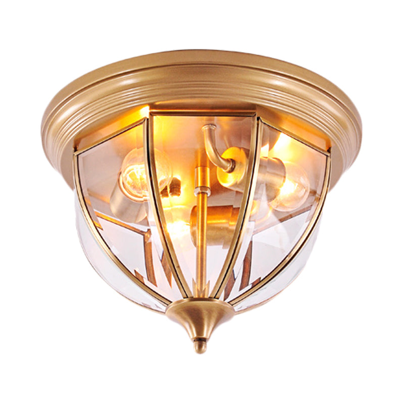 Hemisphere Clear Glass Flush Light Fixture Traditionary 3 Heads Brass Ceiling Mount Chandelier for Living Room Clearhalo 'Ceiling Lights' 'Close To Ceiling Lights' 'Close to ceiling' 'Flush mount' Lighting' 237712