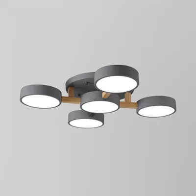 Living Room Drum Ceiling Light Wood Metal 5 Heads Macaron Loft Semi Flush Mount Light Grey Clearhalo 'Ceiling Lights' 'Close To Ceiling Lights' 'Close to ceiling' 'Semi-flushmount' Lighting' 23772
