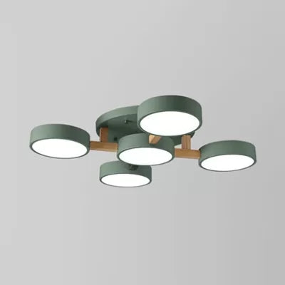 Living Room Drum Ceiling Light Wood Metal 5 Heads Macaron Loft Semi Flush Mount Light Green Clearhalo 'Ceiling Lights' 'Close To Ceiling Lights' 'Close to ceiling' 'Semi-flushmount' Lighting' 23773
