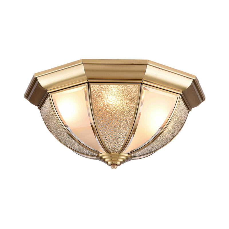 Brass Hemisphere Flush Mount Tradition 3/4 Bulbs Textured Glass Ceiling Light Fixture for Bedroom, 16"/19.5" Wide Clearhalo 'Ceiling Lights' 'Close To Ceiling Lights' 'Close to ceiling' 'Flush mount' Lighting' 237758