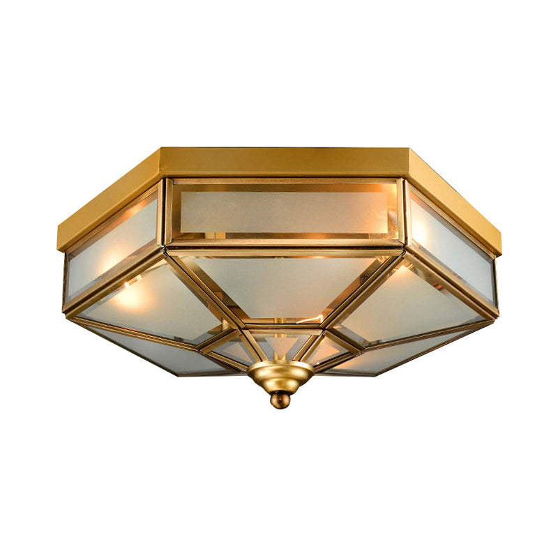 Hexagon Flush Mount Traditional Frosted Glass 14"/18" Wide 3/4 Bulbs Brass Ceiling Mount Chandelier Clearhalo 'Ceiling Lights' 'Close To Ceiling Lights' 'Close to ceiling' 'Flush mount' Lighting' 237885