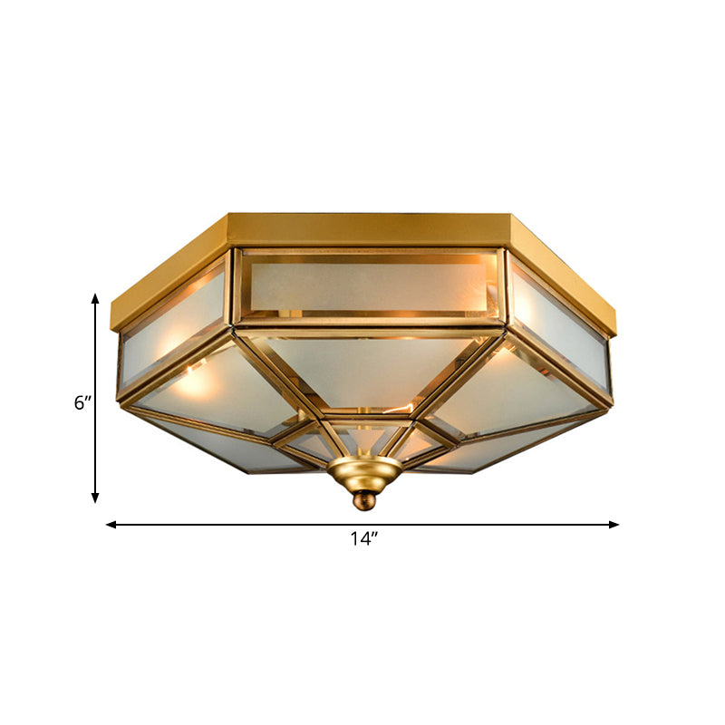 Hexagon Flush Mount Traditional Frosted Glass 14"/18" Wide 3/4 Bulbs Brass Ceiling Mount Chandelier Clearhalo 'Ceiling Lights' 'Close To Ceiling Lights' 'Close to ceiling' 'Flush mount' Lighting' 237886