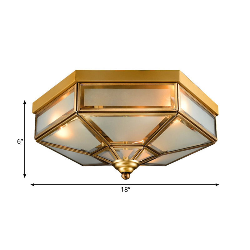 Hexagon Flush Mount Traditional Frosted Glass 14"/18" Wide 3/4 Bulbs Brass Ceiling Mount Chandelier Clearhalo 'Ceiling Lights' 'Close To Ceiling Lights' 'Close to ceiling' 'Flush mount' Lighting' 237887