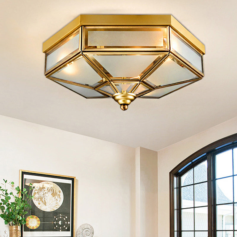 Hexagon Flush Mount Traditional Frosted Glass 14"/18" Wide 3/4 Bulbs Brass Ceiling Mount Chandelier Clearhalo 'Ceiling Lights' 'Close To Ceiling Lights' 'Close to ceiling' 'Flush mount' Lighting' 237888