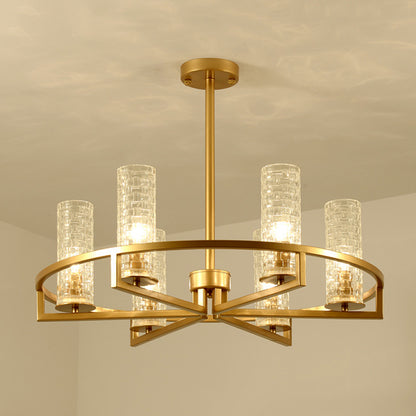 Gold Cylinder Chandelier Lamp Traditional Clear Ribbed Glass 6/8/10 Lights Living Room Hanging Light with Wheel Design 6 Gold Clearhalo 'Ceiling Lights' 'Chandeliers' Lighting' options 237996_59615b5f-22ed-4feb-aab9-8aad981b0759