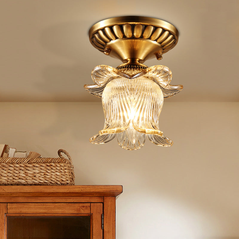 Flower Semi Flush Mount Traditional Clear Ribbed Glass 1 Bulb Brass Ceiling Mount Chandelier Brass Clearhalo 'Ceiling Lights' 'Close To Ceiling Lights' 'Close to ceiling' 'Glass shade' 'Glass' 'Semi-flushmount' Lighting' 238012