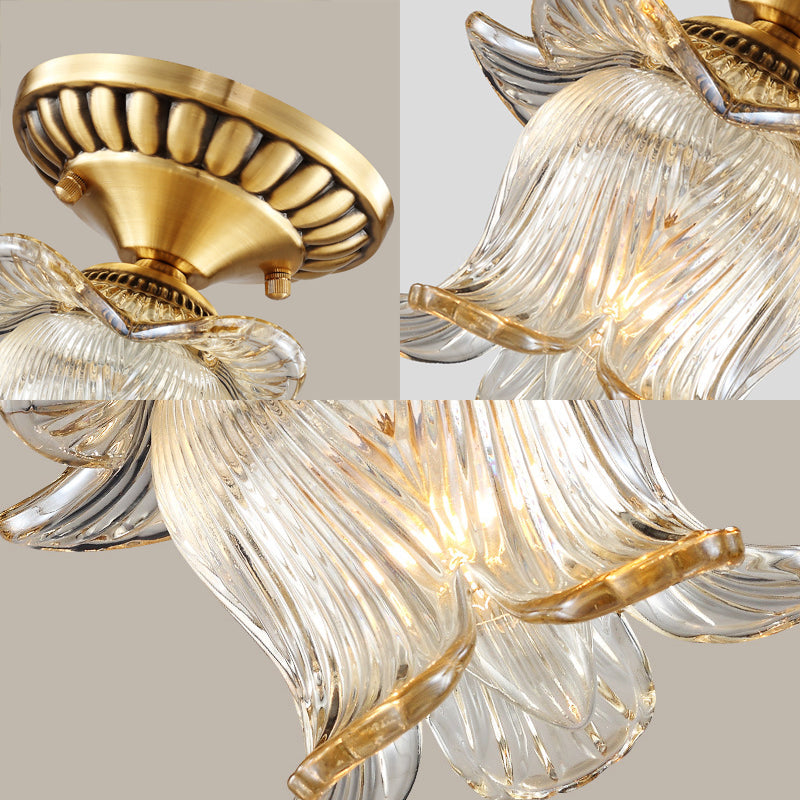 Flower Semi Flush Mount Traditional Clear Ribbed Glass 1 Bulb Brass Ceiling Mount Chandelier Clearhalo 'Ceiling Lights' 'Close To Ceiling Lights' 'Close to ceiling' 'Glass shade' 'Glass' 'Semi-flushmount' Lighting' 238016