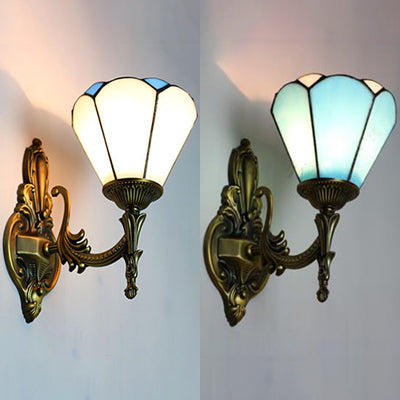 Vintage Style Cone Wall Lighting Stained Glass 1 Light Living Room Sconce Lamp in White/Blue Clearhalo 'Industrial' 'Middle century wall lights' 'Tiffany wall lights' 'Tiffany' 'Wall Lamps & Sconces' 'Wall Lights' Lighting' 23802