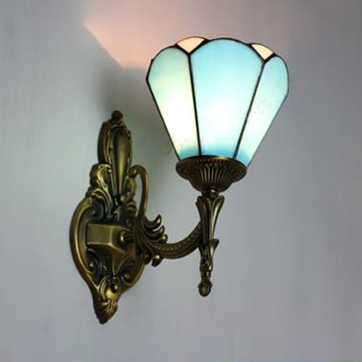 Vintage Style Cone Wall Lighting Stained Glass 1 Light Living Room Sconce Lamp in White/Blue Clearhalo 'Industrial' 'Middle century wall lights' 'Tiffany wall lights' 'Tiffany' 'Wall Lamps & Sconces' 'Wall Lights' Lighting' 23803