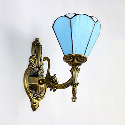 Vintage Style Cone Wall Lighting Stained Glass 1 Light Living Room Sconce Lamp in White/Blue Clearhalo 'Industrial' 'Middle century wall lights' 'Tiffany wall lights' 'Tiffany' 'Wall Lamps & Sconces' 'Wall Lights' Lighting' 23804