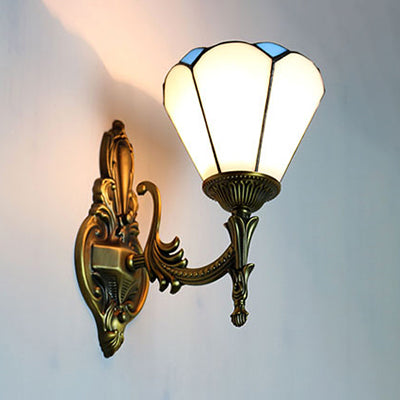 Vintage Style Cone Wall Lighting Stained Glass 1 Light Living Room Sconce Lamp in White/Blue Clearhalo 'Industrial' 'Middle century wall lights' 'Tiffany wall lights' 'Tiffany' 'Wall Lamps & Sconces' 'Wall Lights' Lighting' 23807