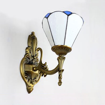 Vintage Style Cone Wall Lighting Stained Glass 1 Light Living Room Sconce Lamp in White/Blue Clearhalo 'Industrial' 'Middle century wall lights' 'Tiffany wall lights' 'Tiffany' 'Wall Lamps & Sconces' 'Wall Lights' Lighting' 23808