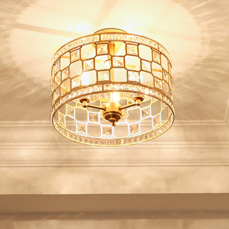 3 Bulbs Cylinder Semi Flush Light Traditionary Clear Glass Ceiling Mounted Fixture in Silver/Gold for Dining Room Gold Clearhalo 'Ceiling Lights' 'Close To Ceiling Lights' 'Close to ceiling' 'Glass shade' 'Glass' 'Semi-flushmount' Lighting' 238167