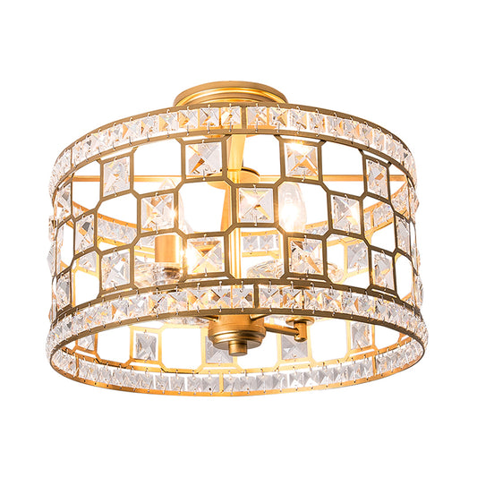 3 Bulbs Cylinder Semi Flush Light Traditionary Clear Glass Ceiling Mounted Fixture in Silver/Gold for Dining Room Clearhalo 'Ceiling Lights' 'Close To Ceiling Lights' 'Close to ceiling' 'Glass shade' 'Glass' 'Semi-flushmount' Lighting' 238169