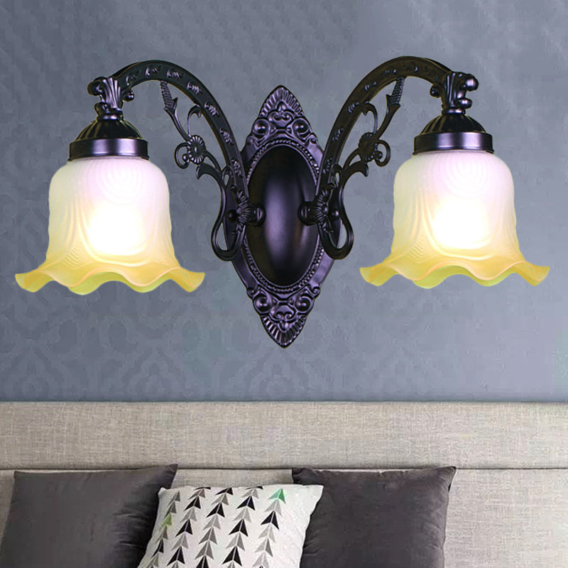Flower Living Room Wall Light Sconce Vintage Style Metal 1/2 Lights Black/White Wall Lamp with Frosted Glass Shade 2.0 Black Clearhalo 'Wall Lamps & Sconces' 'Wall Lights' Lighting' 238179