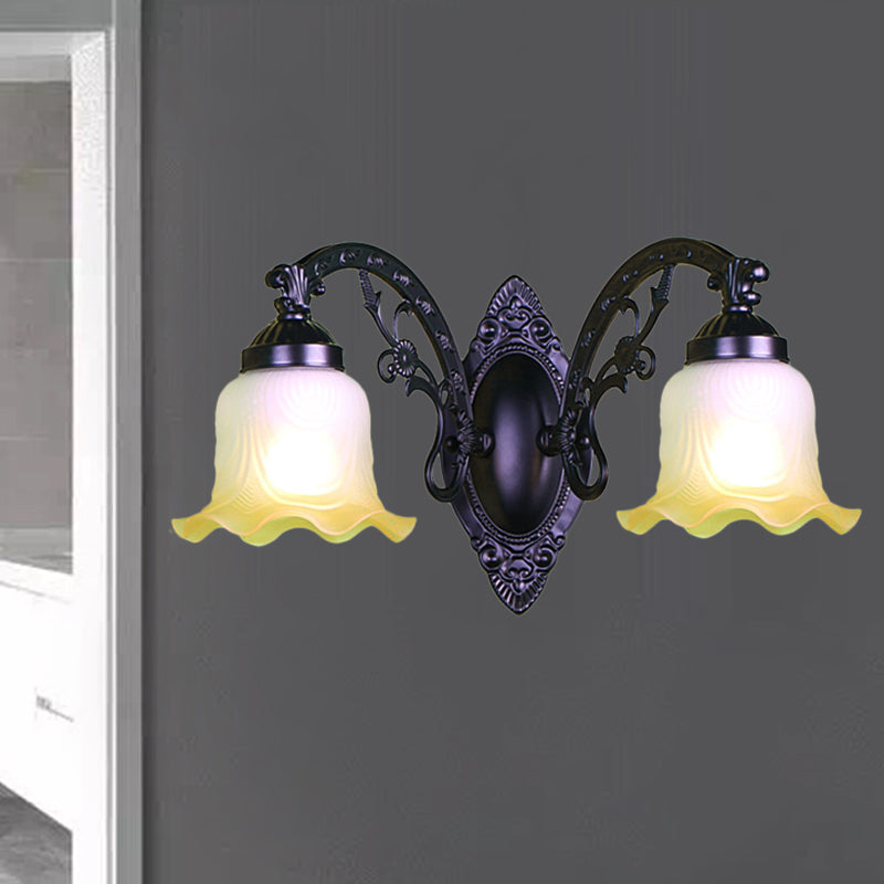 Flower Living Room Wall Light Sconce Vintage Style Metal 1/2 Lights Black/White Wall Lamp with Frosted Glass Shade Clearhalo 'Wall Lamps & Sconces' 'Wall Lights' Lighting' 238180