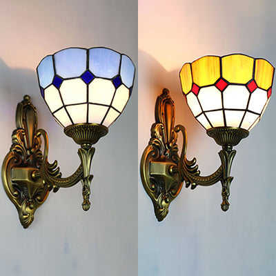 Bowl Wall Sconce Lamp Retro Tiffany Stained Glass 1 Light Wall Mount Light in Yellow/Blue for Corridor Clearhalo 'Industrial' 'Middle century wall lights' 'Tiffany wall lights' 'Tiffany' 'Wall Lamps & Sconces' 'Wall Lights' Lighting' 23822