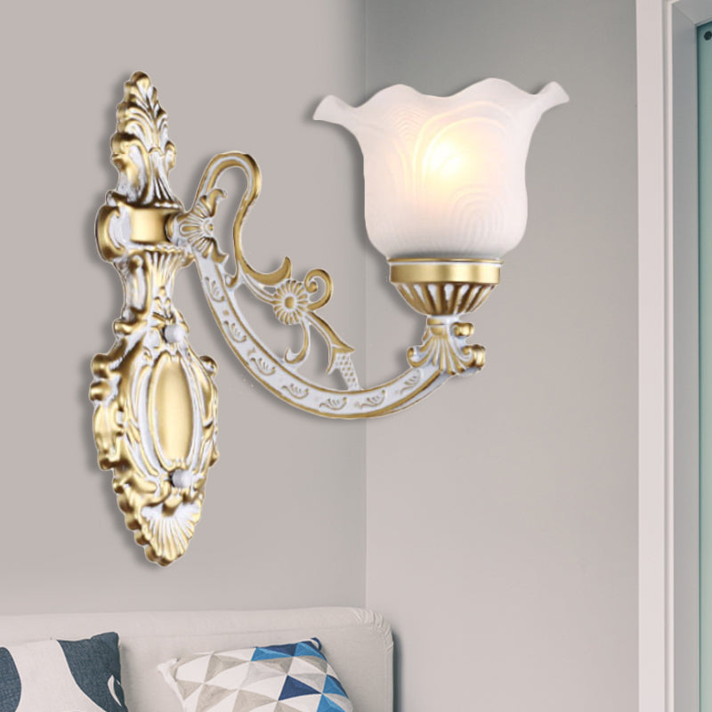 Brass/Gold Scalloped Wall Light Fixture Retro White Glass Shade 1/2-Light Living Room Wall Lamp 1.0 Gold Clearhalo 'Wall Lamps & Sconces' 'Wall Lights' Lighting' 238225