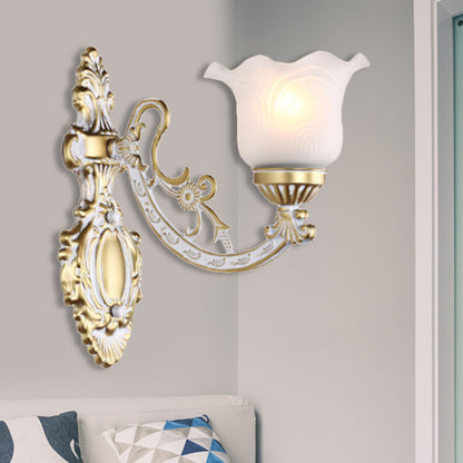 Brass/Gold Scalloped Wall Light Fixture Retro White Glass Shade 1/2-Light Living Room Wall Lamp 1.0 Gold Clearhalo 'Wall Lamps & Sconces' 'Wall Lights' Lighting' 238225
