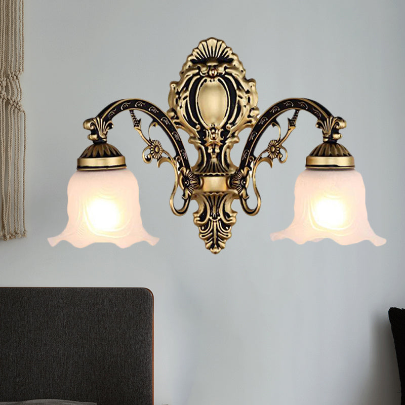 Brass/Gold Scalloped Wall Light Fixture Retro White Glass Shade 1/2-Light Living Room Wall Lamp Clearhalo 'Wall Lamps & Sconces' 'Wall Lights' Lighting' 238226