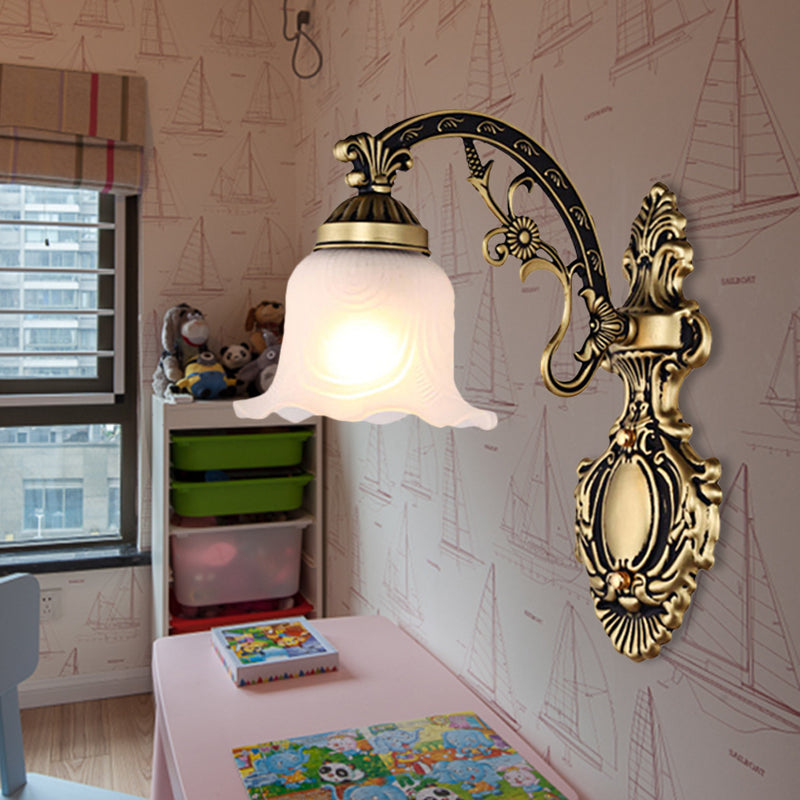 Brass/Gold Scalloped Wall Light Fixture Retro White Glass Shade 1/2-Light Living Room Wall Lamp 1.0 Brass Clearhalo 'Wall Lamps & Sconces' 'Wall Lights' Lighting' 238229