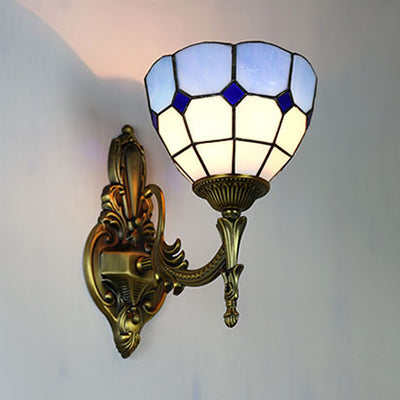 Bowl Wall Sconce Lamp Retro Tiffany Stained Glass 1 Light Wall Mount Light in Yellow/Blue for Corridor Clearhalo 'Industrial' 'Middle century wall lights' 'Tiffany wall lights' 'Tiffany' 'Wall Lamps & Sconces' 'Wall Lights' Lighting' 23823
