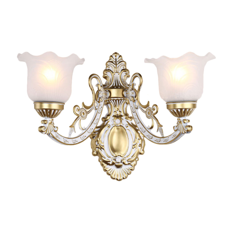 Brass/Gold Scalloped Wall Light Fixture Retro White Glass Shade 1/2-Light Living Room Wall Lamp Clearhalo 'Wall Lamps & Sconces' 'Wall Lights' Lighting' 238231