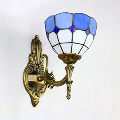 Bowl Wall Sconce Lamp Retro Tiffany Stained Glass 1 Light Wall Mount Light in Yellow/Blue for Corridor Clearhalo 'Industrial' 'Middle century wall lights' 'Tiffany wall lights' 'Tiffany' 'Wall Lamps & Sconces' 'Wall Lights' Lighting' 23824