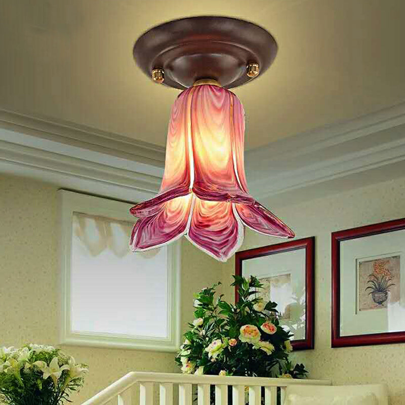 Flower Shaped White/Yellow/Purple Glass Flush Fixture Traditional 1 Light Living Room Ceiling Light Fixture Clearhalo 'Ceiling Lights' 'Close To Ceiling Lights' 'Close to ceiling' 'Flush mount' Lighting' 238249
