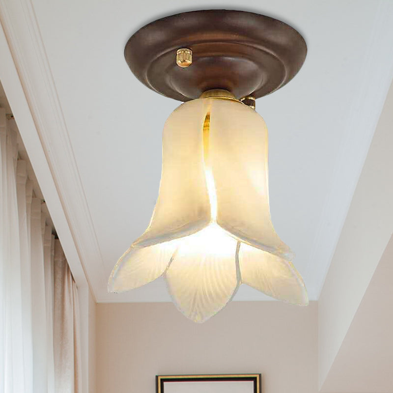 Flower Shaped White/Yellow/Purple Glass Flush Fixture Traditional 1 Light Living Room Ceiling Light Fixture Clearhalo 'Ceiling Lights' 'Close To Ceiling Lights' 'Close to ceiling' 'Flush mount' Lighting' 238253